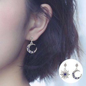 Silver Drop Blue Sapphire Moon Star Earrings